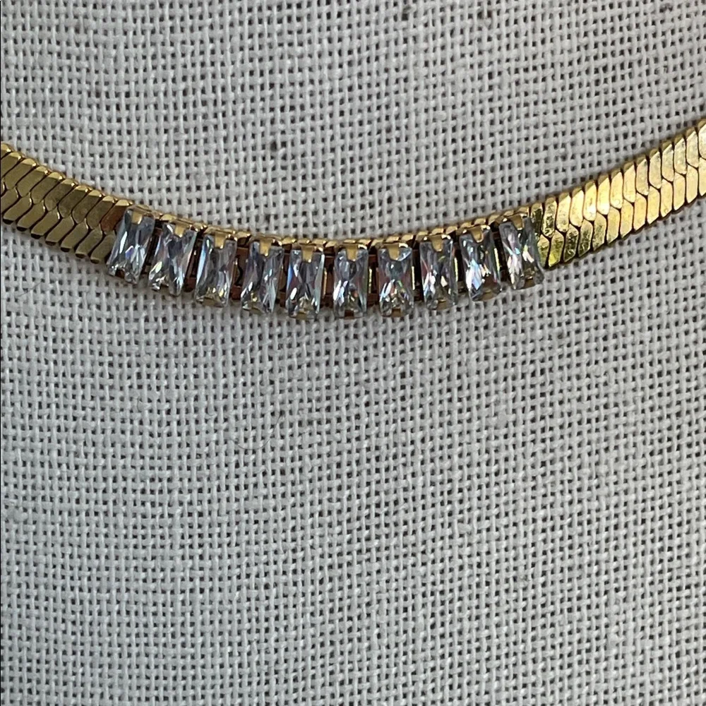Gold Herringbone with Crystal Accent Necklace